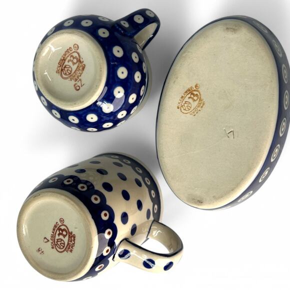 Polish Pottery 3 Piece Set  Hand Painted  Poland Stamped  Coffee Cup Creamer - Picture 3 of 3